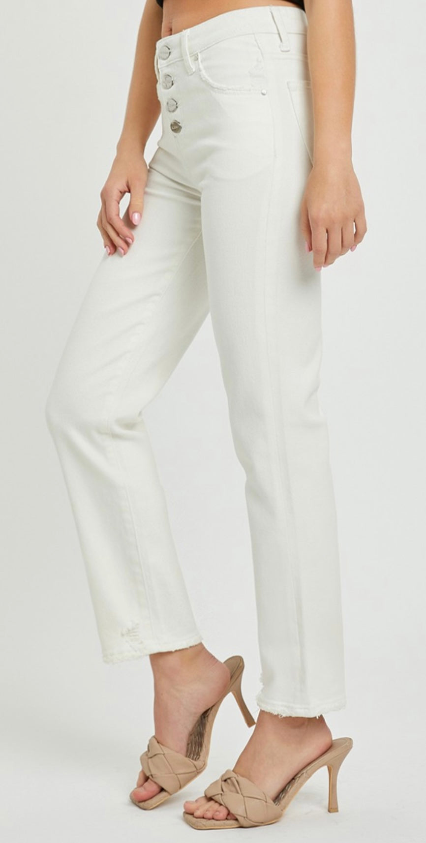 Risen Mid Rise Button Down White Denim