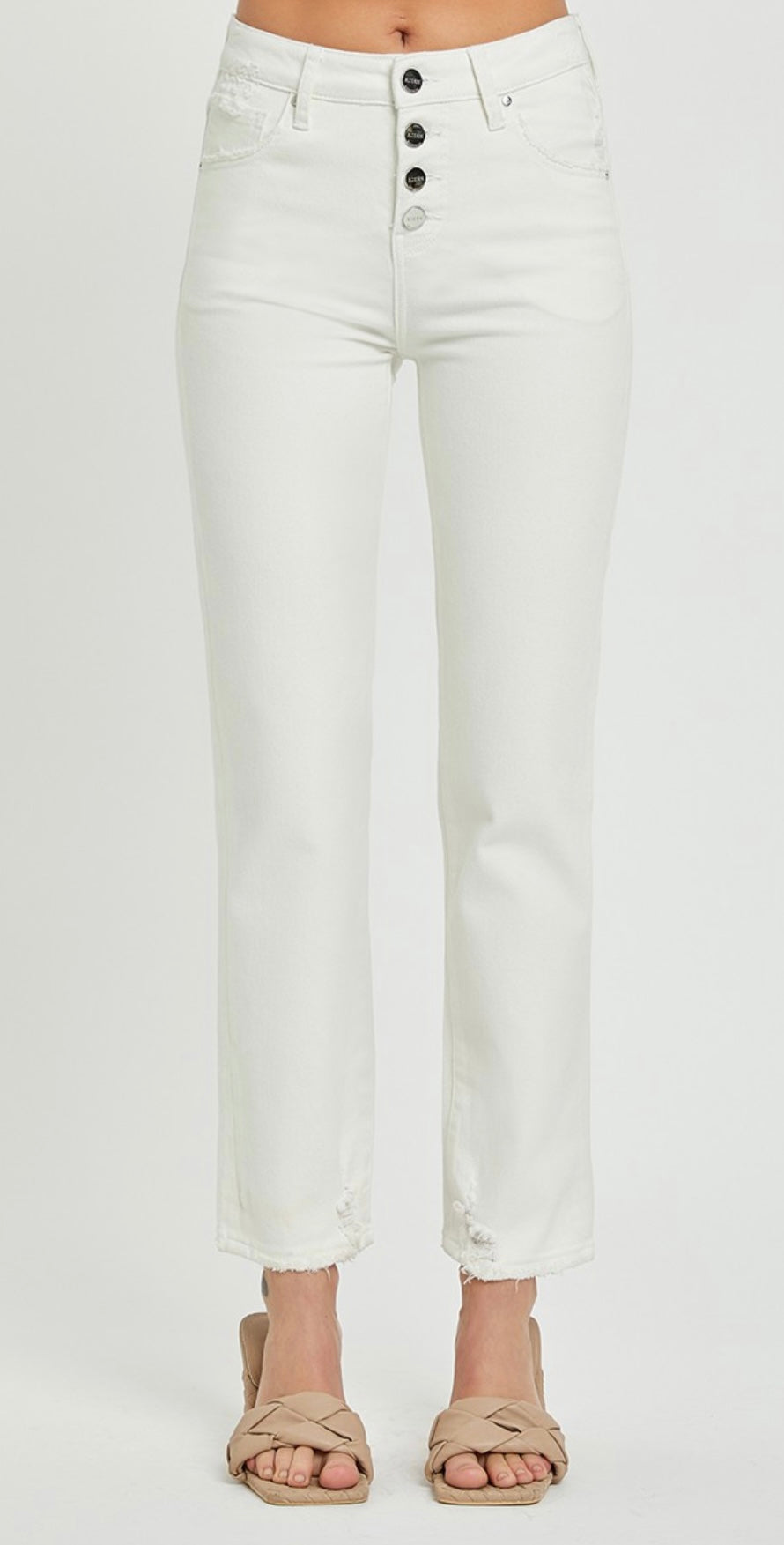 Risen Mid Rise Button Down White Denim