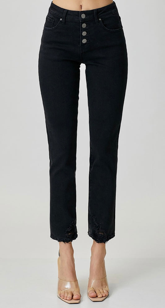 Risen Button Fly Straight Black Denim